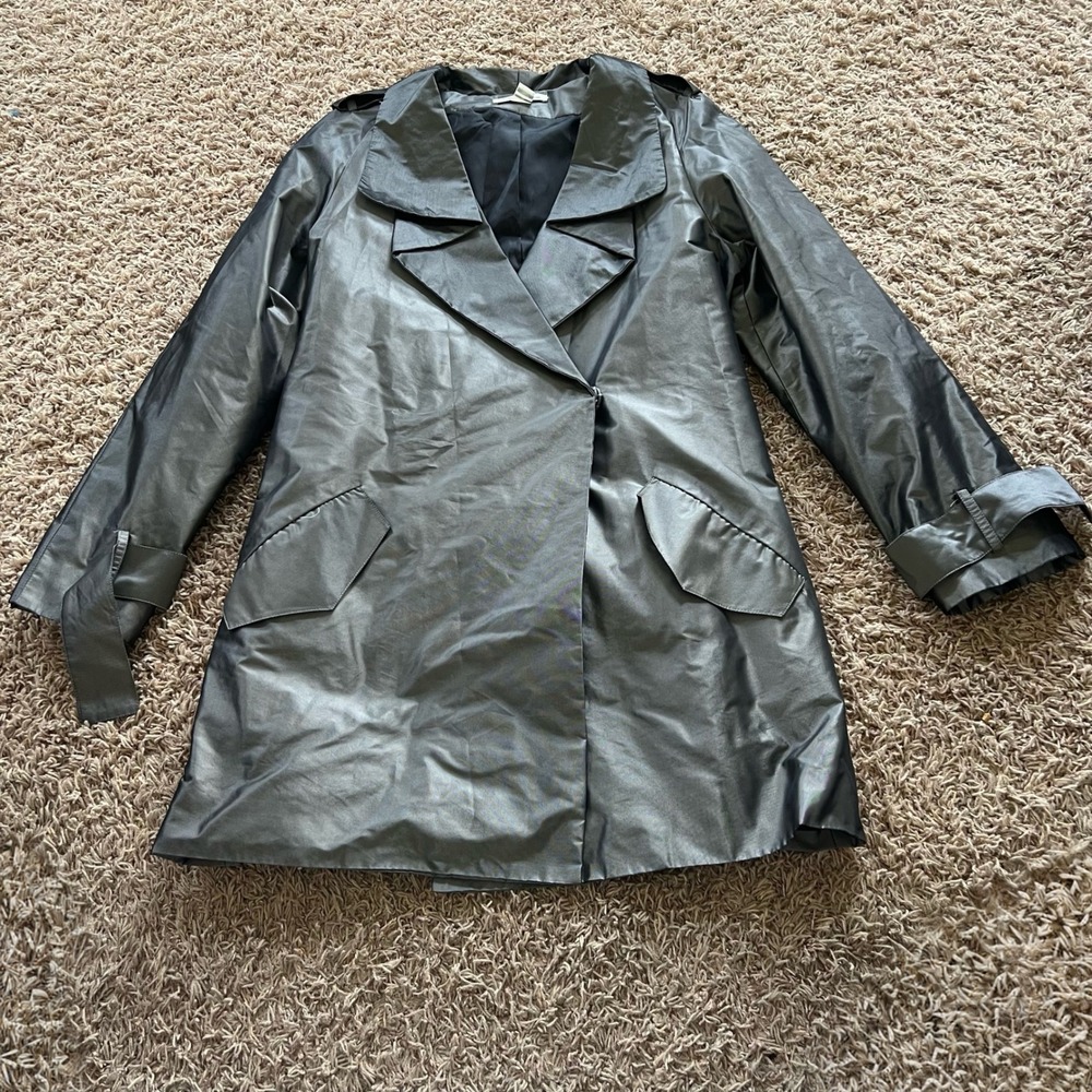 Kenneth Cole New York Metallic Pewter Silver Trench Coat Belted Jacket Womens M